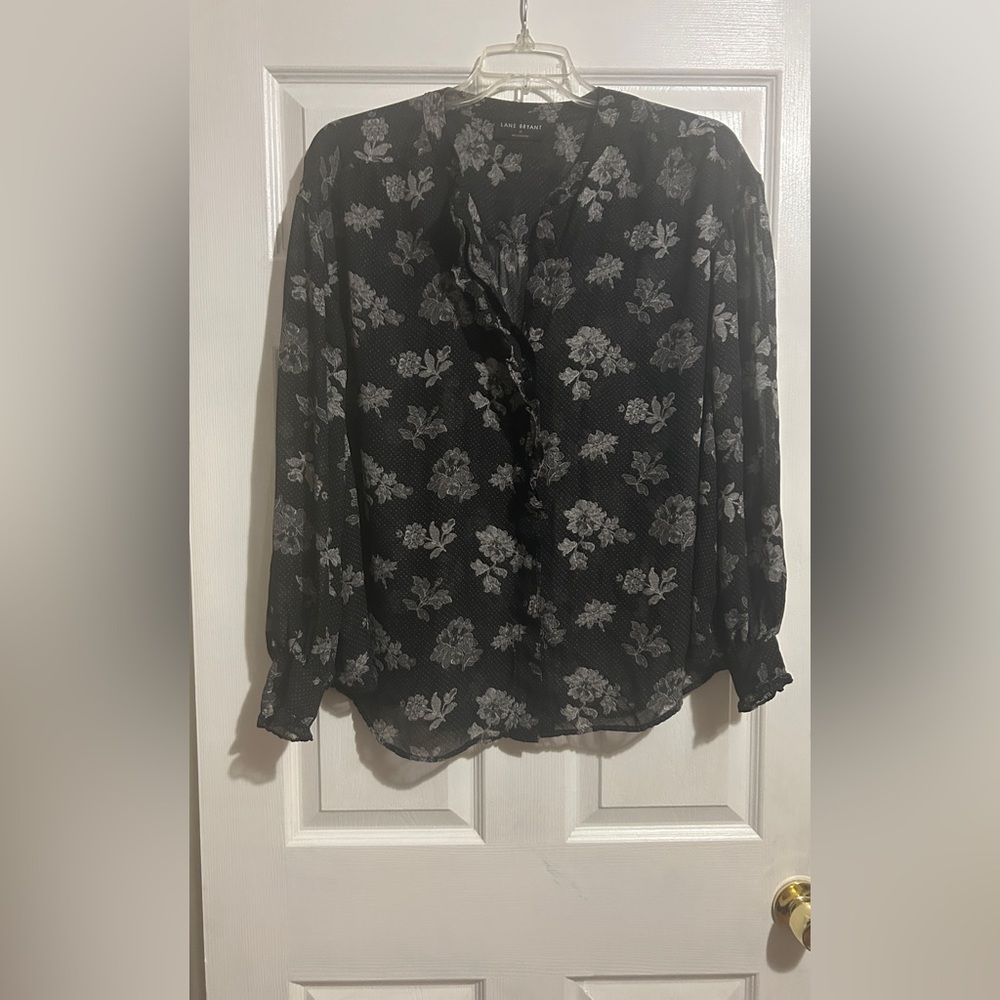 Lane Bryant Black and Gray Floral Sheer Blouse